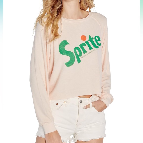 WILDFOX Nostalgic Blush Pink Sprite Soda Logo Crop Raw Hem Relaxed Sweater - Picture 1 of 16